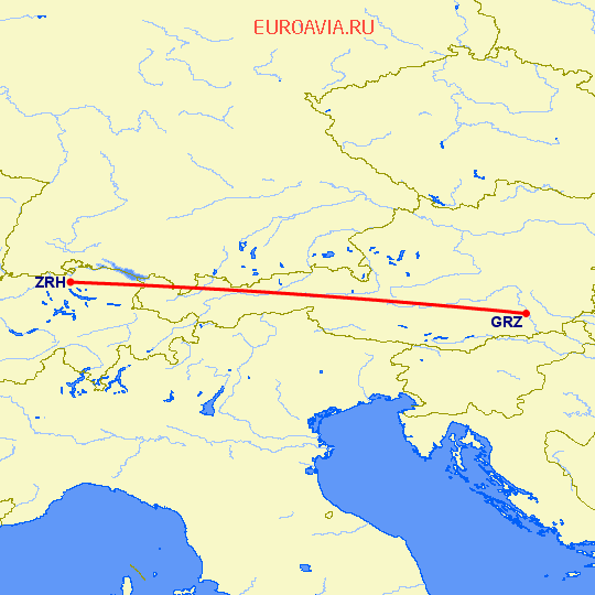 перелет Цюрих — Грац на карте