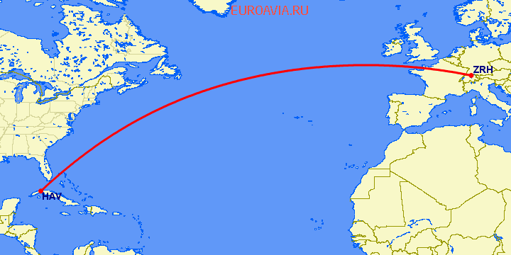 перелет Цюрих — Гавана на карте