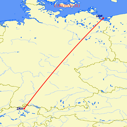 перелет Цюрих — Херингсдорф на карте