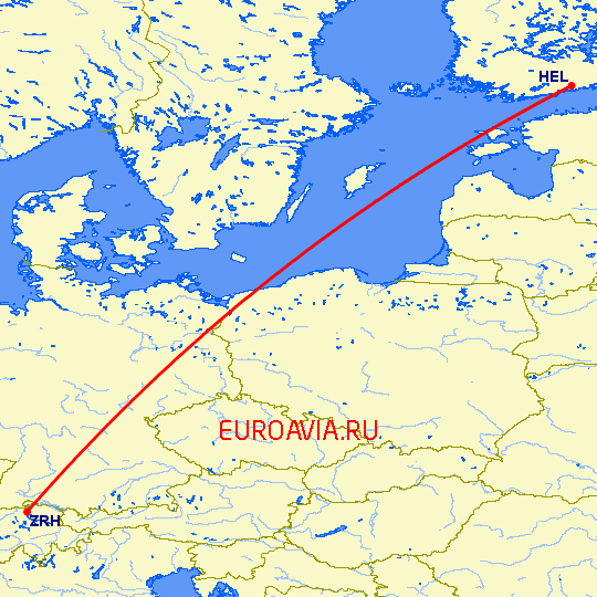перелет Цюрих — Хельсинки на карте