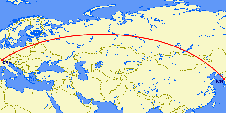 перелет Цюрих — Сеул на карте