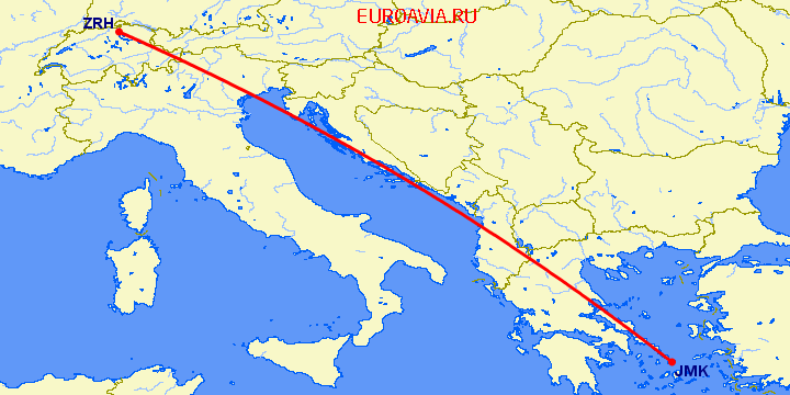 перелет Цюрих — Миконос на карте