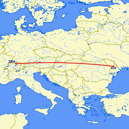 перелет Цюрих — Кишинев на карте