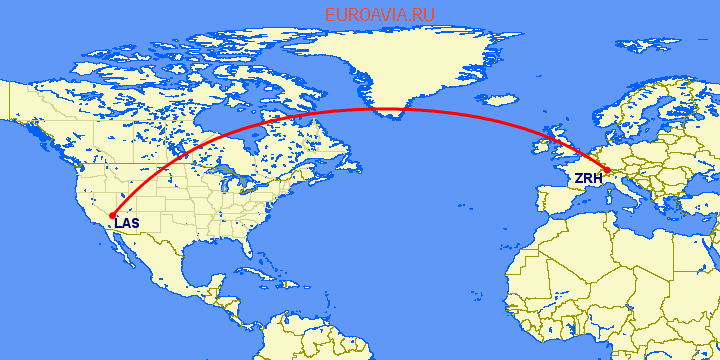 перелет Цюрих — Лас Вегас на карте
