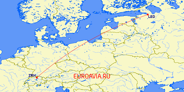 перелет Цюрих — Санкт Петербург на карте