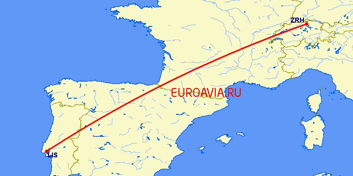перелет Цюрих — Лиссабон на карте