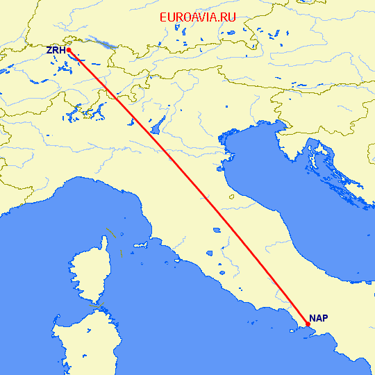 перелет Цюрих — Неаполь на карте