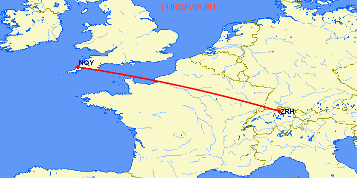 перелет Цюрих — Newquay на карте
