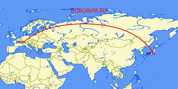 перелет Цюрих — Токио на карте