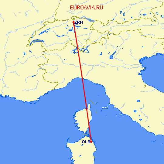 перелет Цюрих — Ольбия на карте