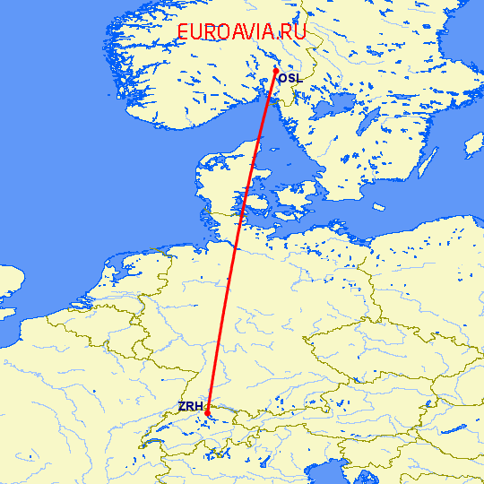 перелет Цюрих — Осло на карте