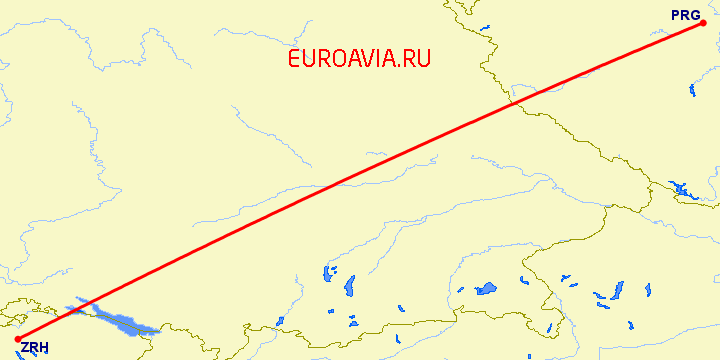 перелет Цюрих — Прага на карте