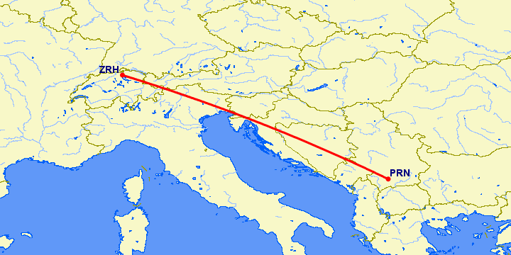 перелет Цюрих — Приштина на карте