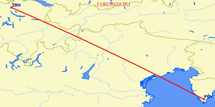 перелет Цюрих — Пула на карте