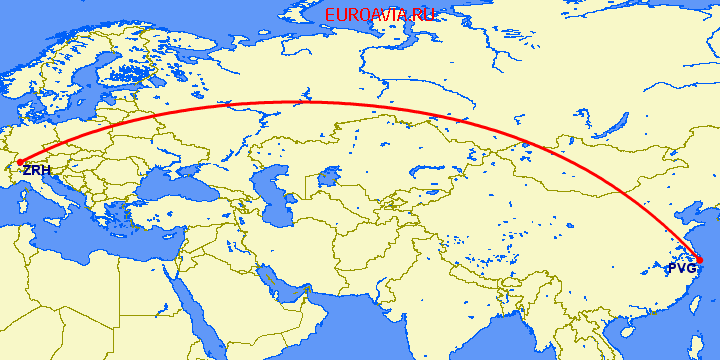 перелет Цюрих — Шанхай на карте