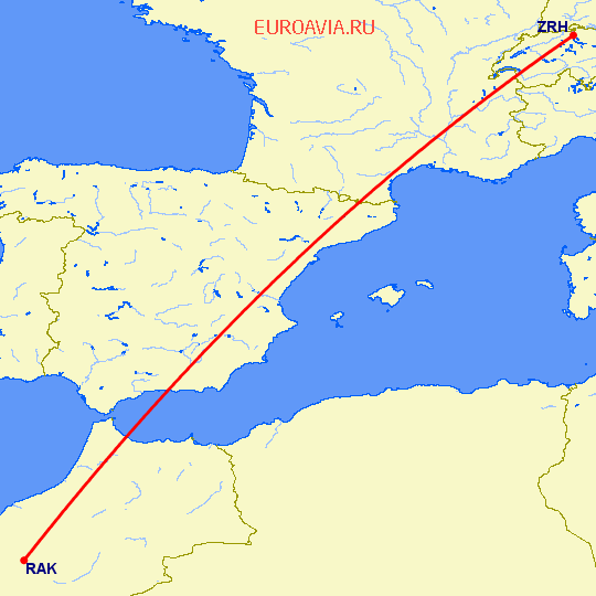 перелет Цюрих — Марракеш на карте