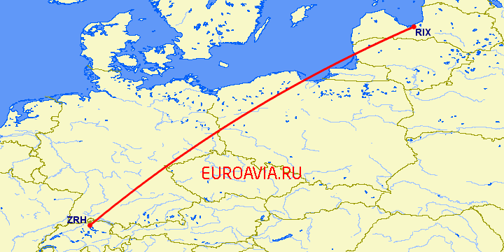 перелет Цюрих — Рига на карте