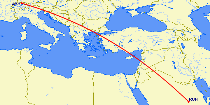 перелет Цюрих — Эр Рияд на карте