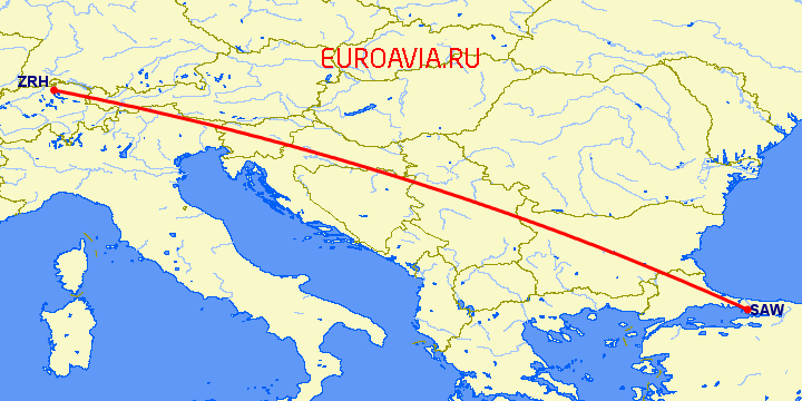 перелет Цюрих — Стамбул на карте