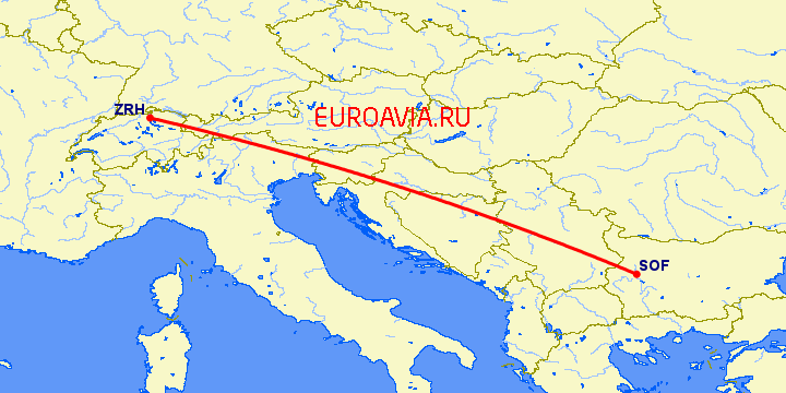 перелет Цюрих — София на карте
