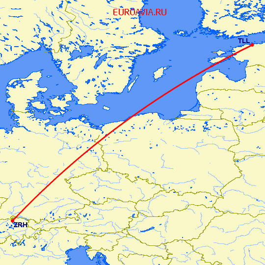перелет Цюрих — Таллин на карте