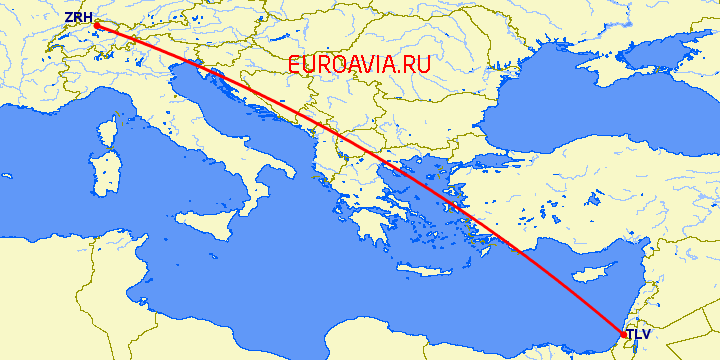 перелет Цюрих — Тель Авив на карте