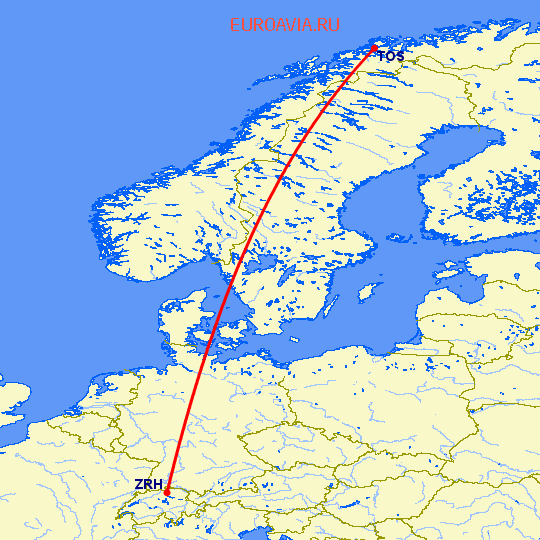 перелет Цюрих — Тромсо на карте