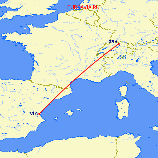 перелет Цюрих — Валенсия на карте