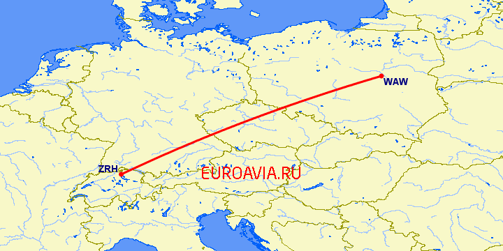 перелет Цюрих — Варшава на карте