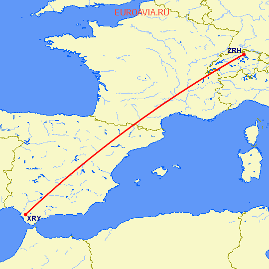 перелет Цюрих — Херес де ла Фронтера  на карте