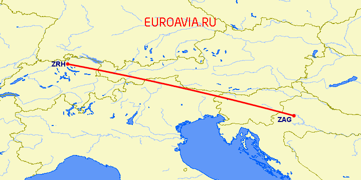 перелет Цюрих — Загреб на карте