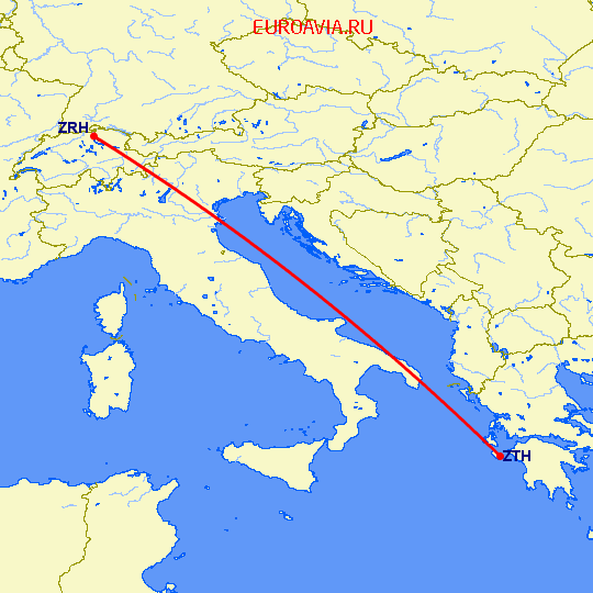 перелет Цюрих — Закинтос на карте