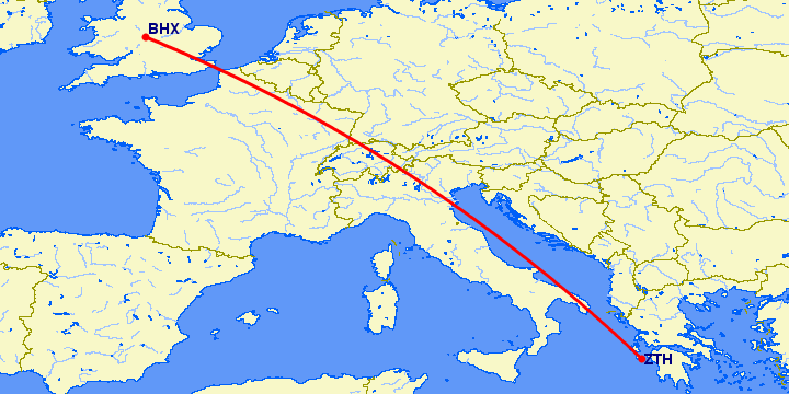 перелет Закинтос — Бирмингем на карте