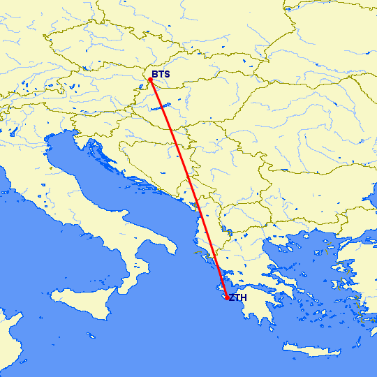 перелет Закинтос — Братислава на карте