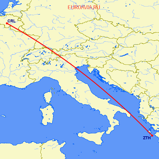 перелет Закинтос — Шарлеруа на карте