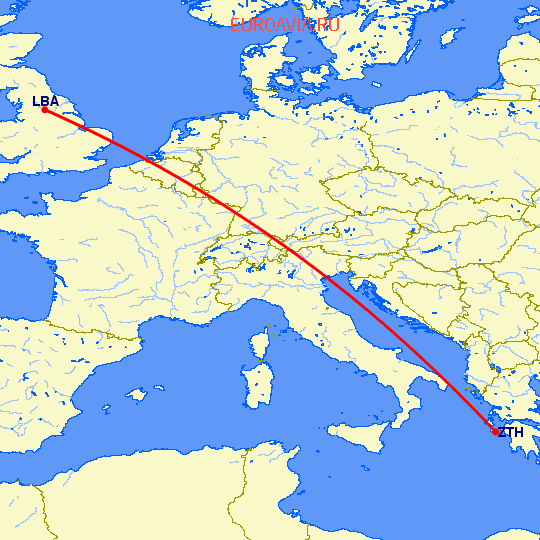 перелет Закинтос — Лидс на карте