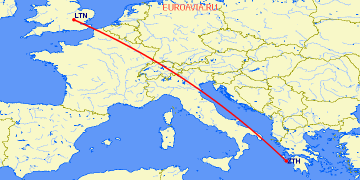 перелет Закинтос — Luton на карте