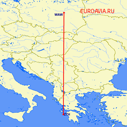 перелет Закинтос — Варшава на карте
