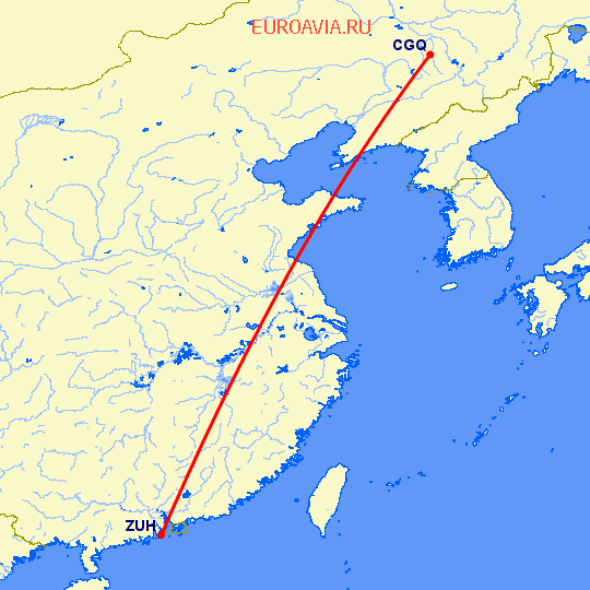 перелет Чжухай — Чаньчунь на карте