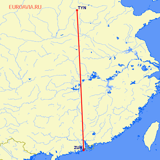 перелет Чжухай — Тайюань на карте