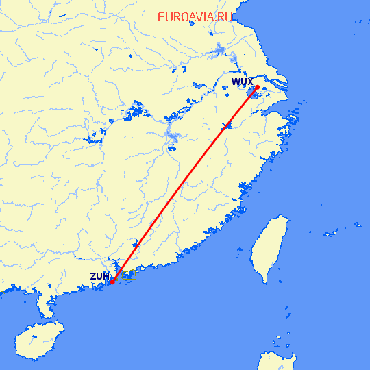 перелет Чжухай — Вуси на карте