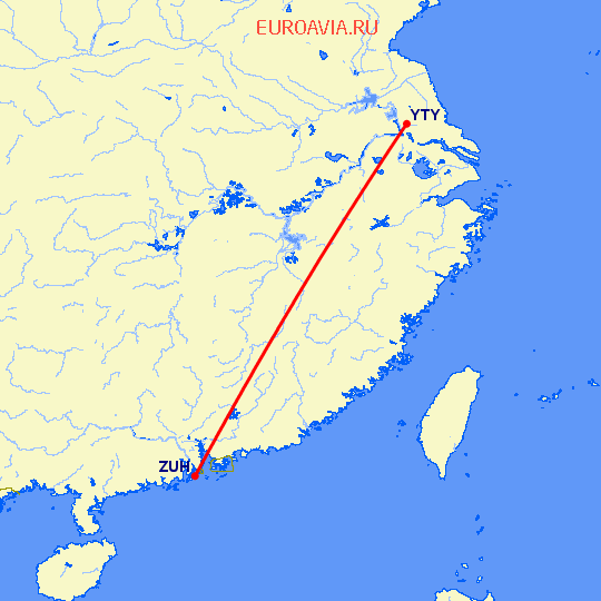 перелет Чжухай — Янчжоу на карте