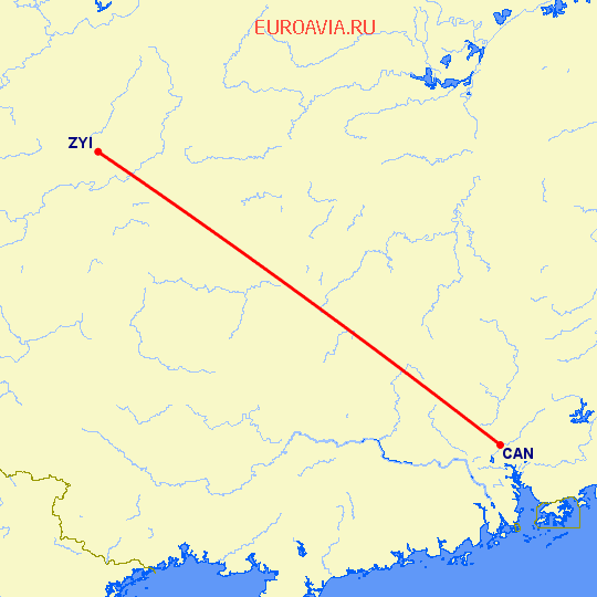 перелет Цунии — Гуанчжоу на карте
